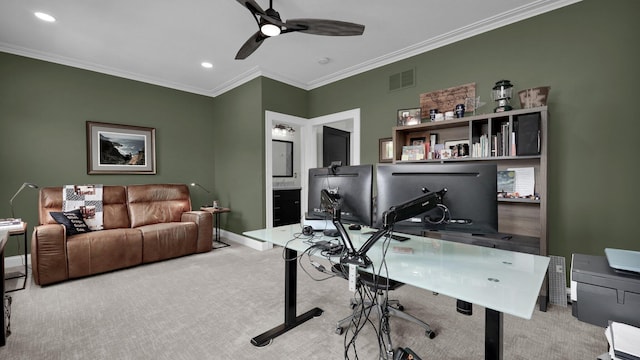 1098 Oregon Ave, Columbus, OH 43201 - home office with crown molding, a ceiling fan, carpet, and recessed lighting
