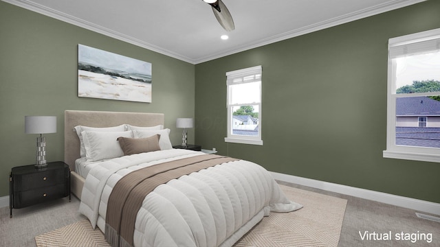 1098 Oregon Ave, Columbus, OH 43201 - carpeted bedroom with ornamental molding, recessed lighting, and ceiling fan