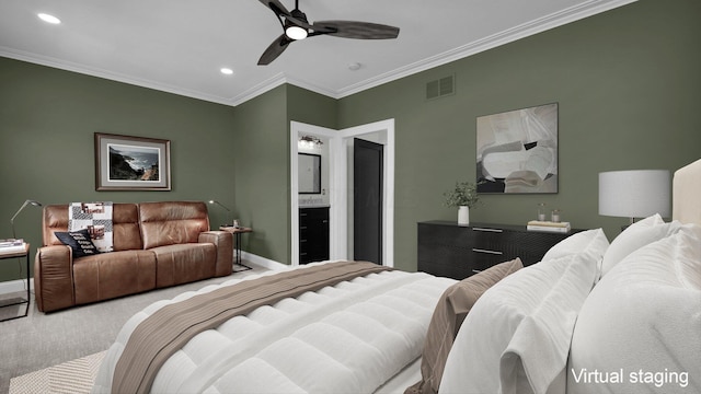 1098 Oregon Ave, Columbus, OH 43201 - bedroom featuring ornamental molding, recessed lighting, carpet flooring, ceiling fan, and connected bathroom
