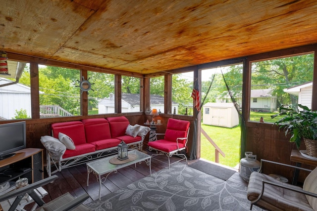 591 Knights Ave, Columbus, OH 43230 - sunroom / solarium featuring an outdoor living space, wooden ceiling, a deck, and hardwood / wood-style floors