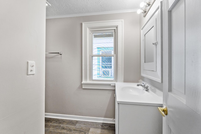 334 S Richardson Ave, Columbus, OH 43204 - bathroom featuring vanity, wood finished floors, a textured ceiling, and ornamental molding