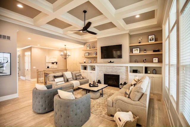 8210 Lilium Way, Plain City, OH 43064 - living room with ornamental molding, beamed ceiling, a ceiling fan, baseboards, and light wood finished floors
