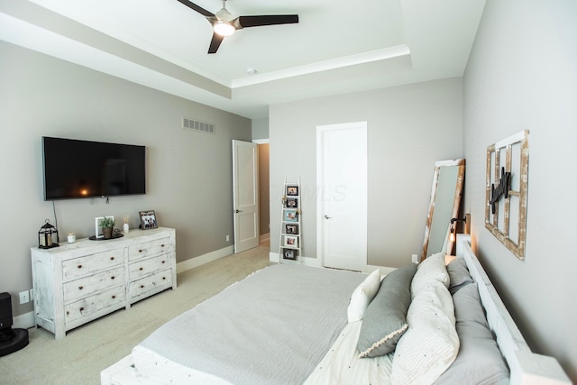 8210 Lilium Way, Plain City, OH 43064 - bedroom with light colored carpet, a ceiling fan, and a raised ceiling