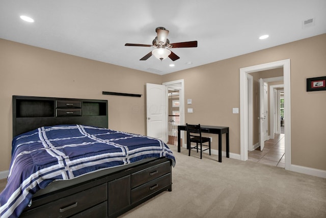 125 Fallen Ash Dr, Granville, OH 43023 - bedroom with light carpet, recessed lighting, and a ceiling fan