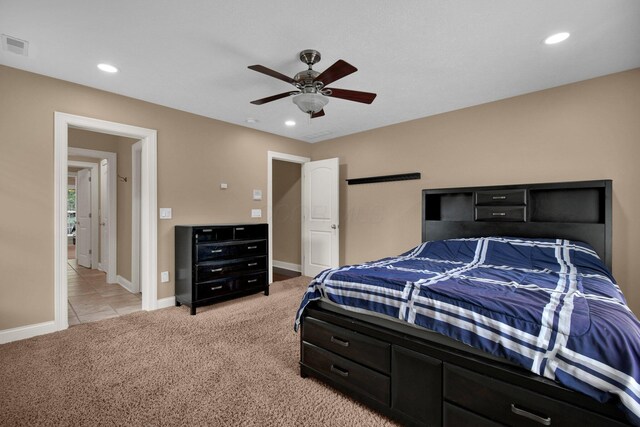 125 Fallen Ash Dr, Granville, OH 43023 - bedroom with light carpet, recessed lighting, a ceiling fan, and light tile patterned floors