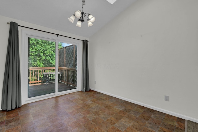 7879 Sudeley Ct, Westerville, OH 43081 - unfurnished room with a chandelier, stone finish flooring, and vaulted ceiling