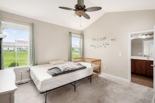 4609 Stoneworth Dr Unit 58, Hilliard, OH 43026 - bedroom with lofted ceiling, baseboards, light carpet, a sink, and ensuite bathroom