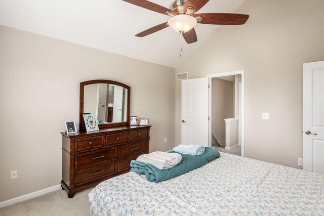 4609 Stoneworth Dr Unit 58, Hilliard, OH 43026 - bedroom with light colored carpet, baseboards, high vaulted ceiling, and a ceiling fan