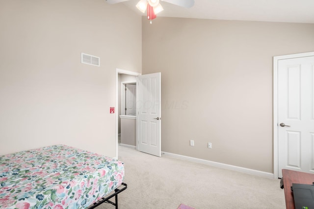 4609 Stoneworth Dr Unit 58, Hilliard, OH 43026 - bedroom with light colored carpet, baseboards, high vaulted ceiling, and a ceiling fan
