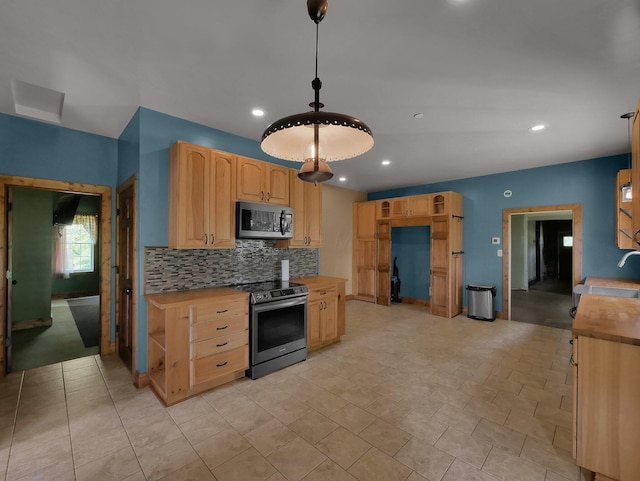 1803 County Road 26, Marengo, OH 43334 - kitchen featuring stainless steel appliances, backsplash, wood counters, light brown cabinets, and recessed lighting