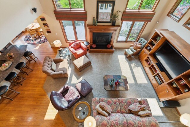 332 Waters Edge Dr, Hebron, OH 43025 - living room featuring healthy amount of natural light, wood finished floors, a high ceiling, and a glass covered fireplace