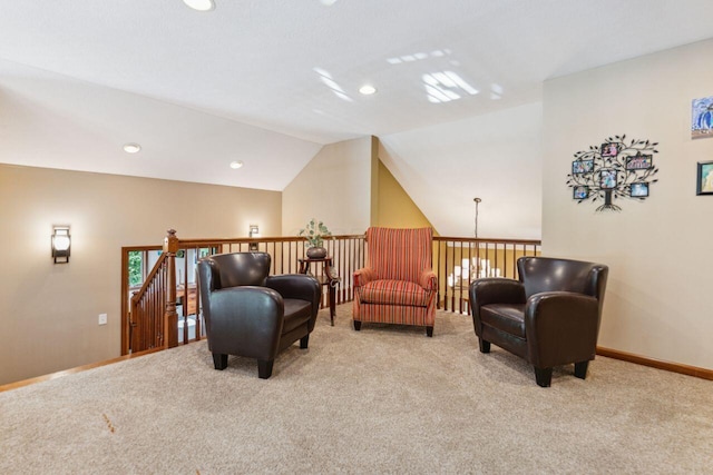 332 Waters Edge Dr, Hebron, OH 43025 - sitting room featuring carpet, an upstairs landing, vaulted ceiling, and recessed lighting