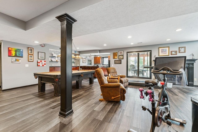 332 Waters Edge Dr, Hebron, OH 43025 - playroom with decorative columns, wood finished floors, billiards table, and recessed lighting