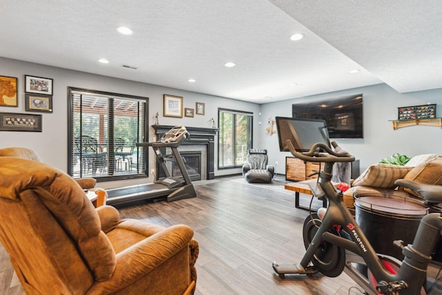 332 Waters Edge Dr, Hebron, OH 43025 - exercise area with a textured ceiling, recessed lighting, wood finished floors, and a glass covered fireplace