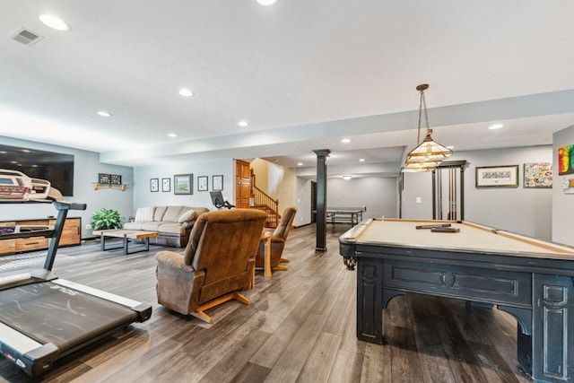 332 Waters Edge Dr, Hebron, OH 43025 - playroom with wood finished floors, recessed lighting, billiards, and ornate columns