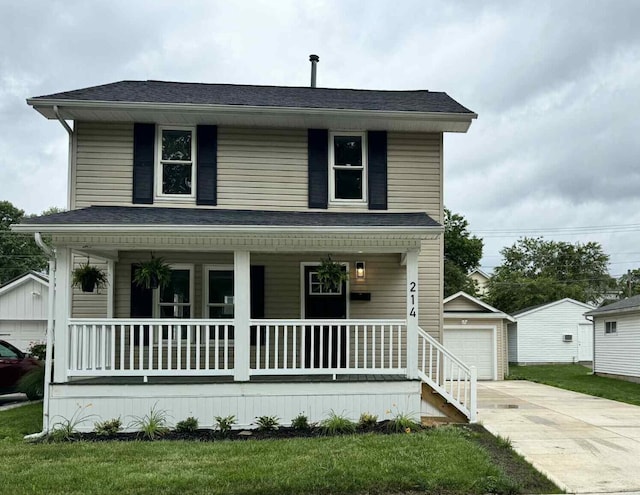 214 Moull St, Newark, OH 43055 - view of front facade featuring a porch, an outdoor structure, and a detached garage