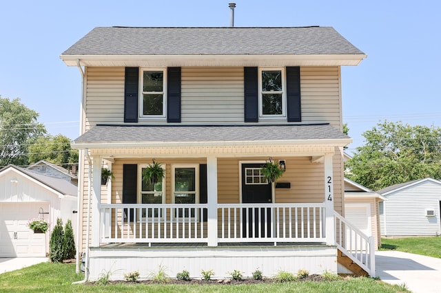214 Moull St, Newark, OH 43055 - view of front of house featuring covered porch, an outbuilding, and roof with shingles