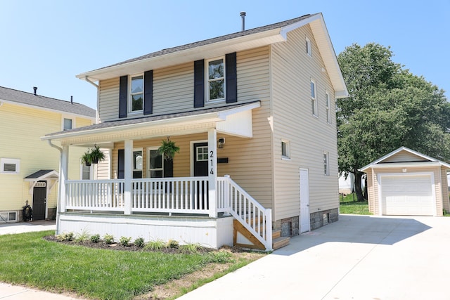214 Moull St, Newark, OH 43055 - traditional style home with covered porch, an outdoor structure, driveway, a garage, and roof with shingles