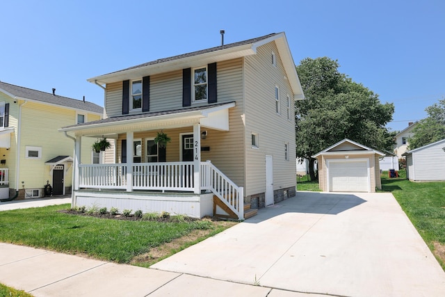214 Moull St, Newark, OH 43055 - view of front facade with covered porch, an outbuilding, a detached garage, concrete driveway, and a front lawn