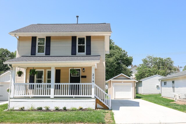 214 Moull St, Newark, OH 43055 - view of front facade featuring a porch, an outbuilding, a garage, and concrete driveway