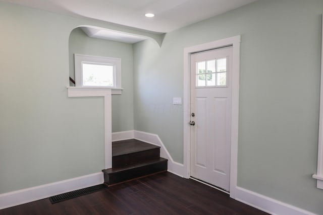 214 Moull St, Newark, OH 43055 - foyer with healthy amount of natural light, stairs, dark wood finished floors, and recessed lighting