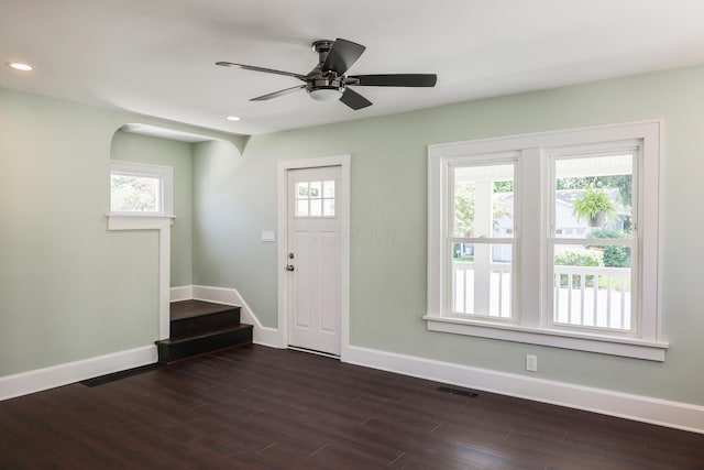 214 Moull St, Newark, OH 43055 - foyer entrance featuring recessed lighting, dark wood-type flooring, stairs, and ceiling fan