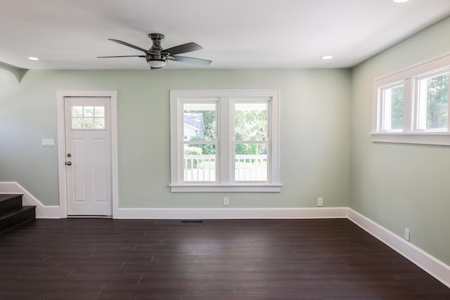214 Moull St, Newark, OH 43055 - entryway with dark wood-style floors, recessed lighting, stairs, and ceiling fan