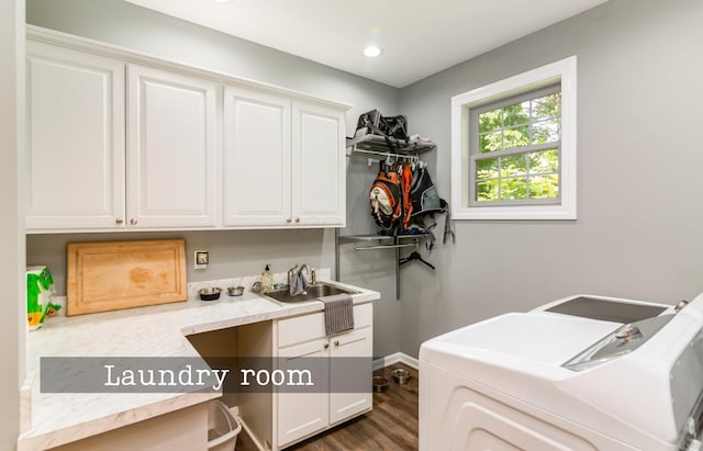 525 Floral Valley Dr W, Howard, OH 43028 - laundry room with cabinet space, separate washer and dryer, dark wood finished floors, and recessed lighting