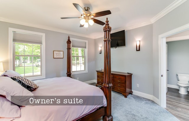 525 Floral Valley Dr W, Howard, OH 43028 - bedroom with multiple windows, ornamental molding, a ceiling fan, ensuite bath, and carpet floors