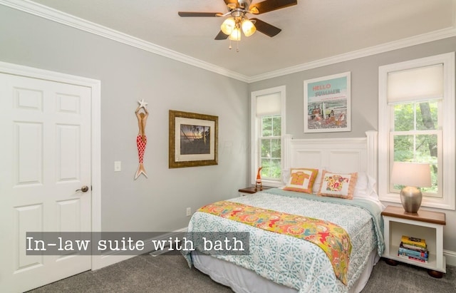 525 Floral Valley Dr W, Howard, OH 43028 - carpeted bedroom with ornamental molding, multiple windows, and a ceiling fan