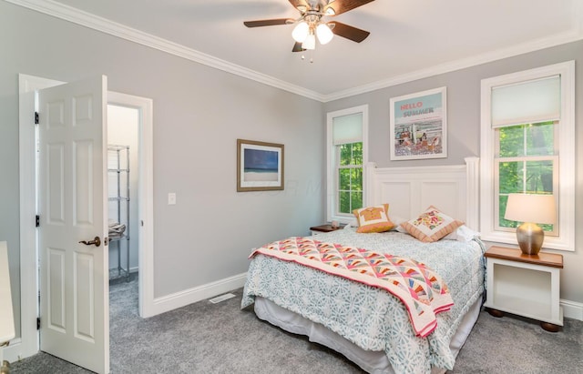 525 Floral Valley Dr W, Howard, OH 43028 - carpeted bedroom with multiple windows, ornamental molding, and a ceiling fan