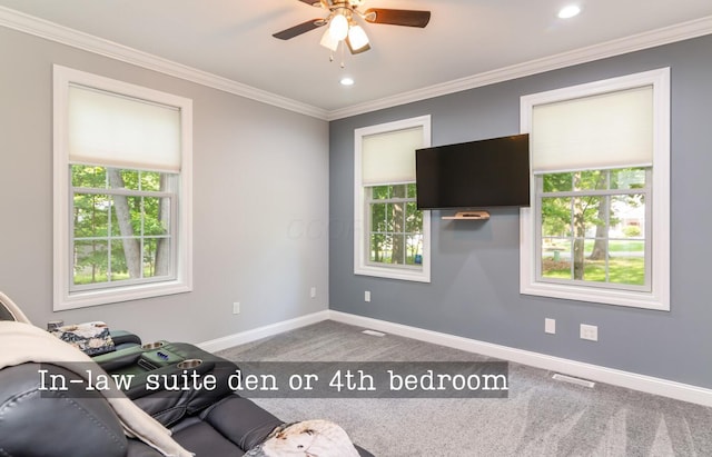 525 Floral Valley Dr W, Howard, OH 43028 - living room featuring carpet floors, a ceiling fan, crown molding, and recessed lighting