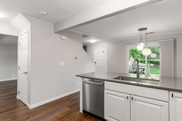 1573 Arlington Ave, Marble Cliff, OH 43212 - kitchen with stainless steel dishwasher, a sink, dark wood-style flooring, crown molding, and white cabinets