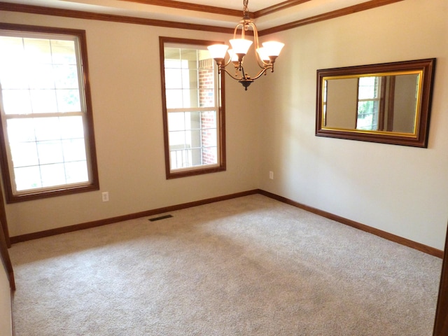 2360 Rufus Ct, Lewis Center, OH 43035 - carpeted empty room with ornamental molding, a chandelier, and a raised ceiling
