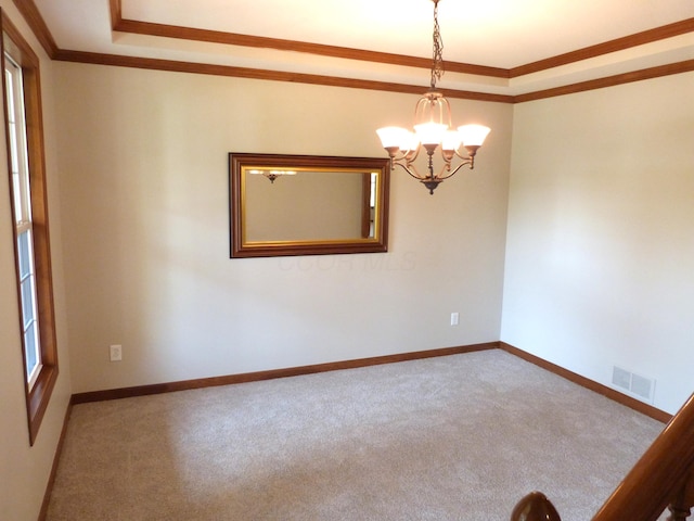 2360 Rufus Ct, Lewis Center, OH 43035 - spare room featuring carpet, crown molding, a chandelier, and a tray ceiling