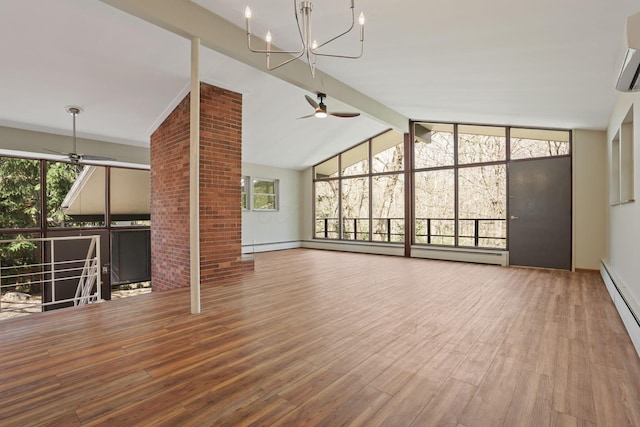 220 Hardy Way, Worthington, OH 43085 - unfurnished living room featuring a ceiling fan, wood finished floors, a chandelier, beam ceiling, and baseboards