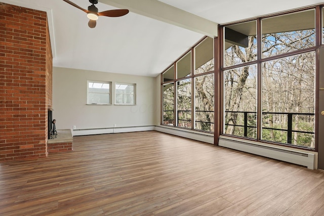 220 Hardy Way, Worthington, OH 43085 - unfurnished living room with a ceiling fan, high vaulted ceiling, wood finished floors, and beamed ceiling