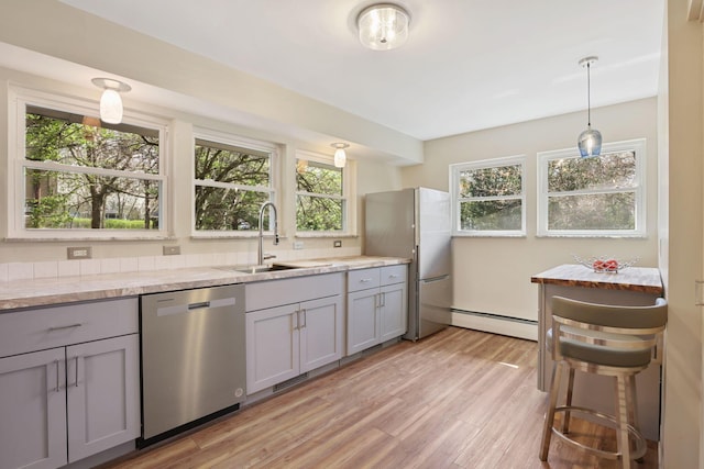 220 Hardy Way, Worthington, OH 43085 - kitchen with stainless steel appliances, a sink, a baseboard heating unit, gray cabinets, and light wood finished floors