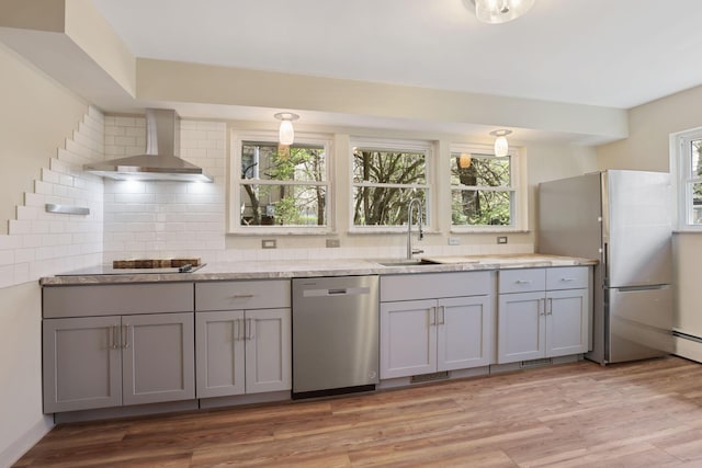 220 Hardy Way, Worthington, OH 43085 - kitchen featuring stainless steel appliances, a sink, gray cabinetry, wall chimney range hood, and backsplash