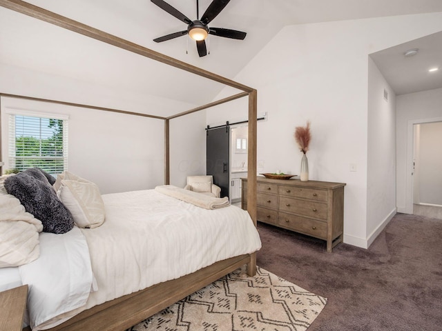 1210 Madison Ave, Columbus, OH 43205 - bedroom featuring vaulted ceiling, a barn door, carpet, recessed lighting, and a ceiling fan