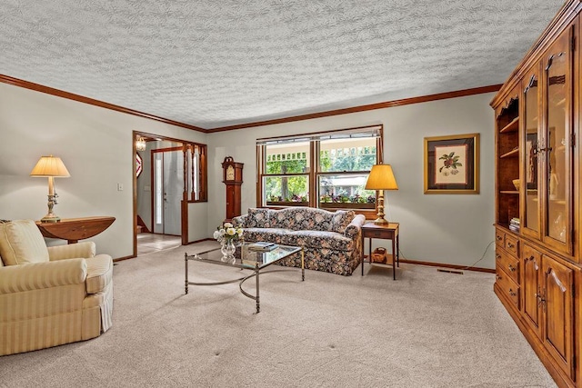 1212 Autumn Creek Cir, Westerville, OH 43081 - living area featuring light colored carpet, ornamental molding, and a textured ceiling