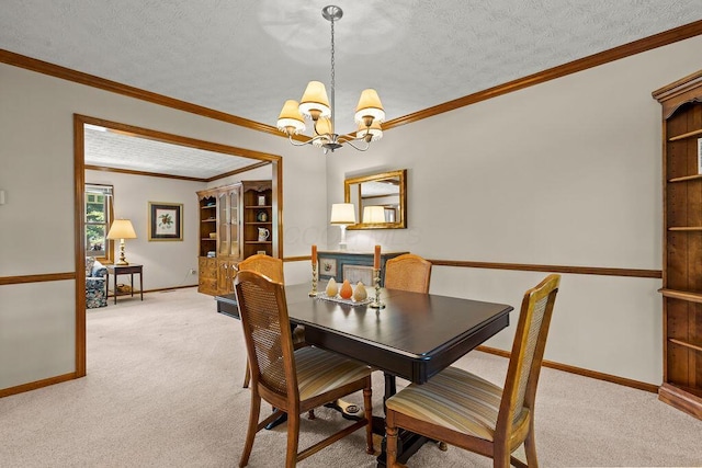 1212 Autumn Creek Cir, Westerville, OH 43081 - dining room featuring carpet floors, a chandelier, a textured ceiling, and crown molding