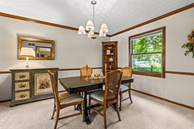 1212 Autumn Creek Cir, Westerville, OH 43081 - dining room featuring a chandelier, a textured ceiling, light colored carpet, and crown molding