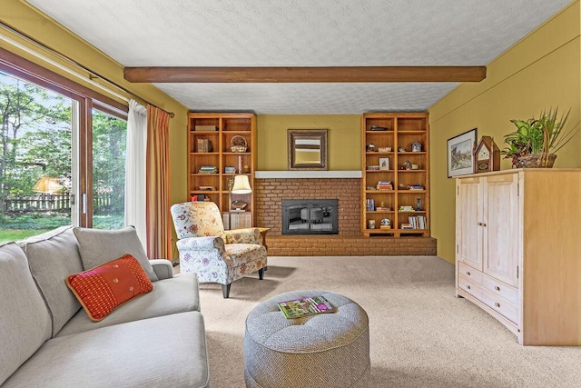 1212 Autumn Creek Cir, Westerville, OH 43081 - carpeted living room with beamed ceiling, a textured ceiling, and a brick fireplace