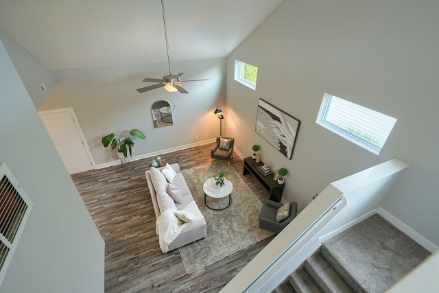 1957 Cumberland St, Newark, OH 43055 - living area with high vaulted ceiling, wood finished floors, and ceiling fan