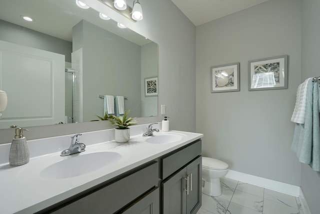 1957 Cumberland St, Newark, OH 43055 - bathroom featuring marble look tile flooring, double vanity, and a shower with shower door