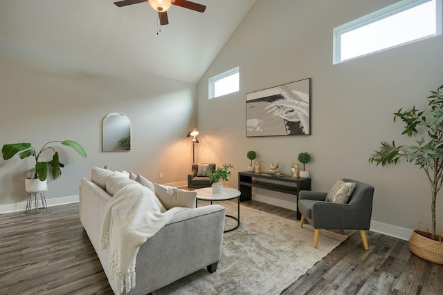 1957 Cumberland St, Newark, OH 43055 - living area featuring high vaulted ceiling, wood finished floors, and a ceiling fan