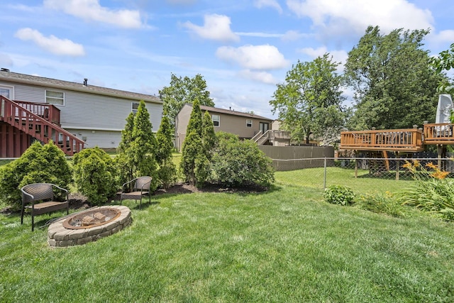 7603 Charlesway Dr Unit 87, Columbus, OH 43085 - view of yard featuring an outdoor fire pit, a wooden deck, and stairway