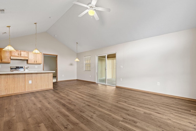6858 Winrock Dr, New Albany, OH 43054 - unfurnished living room with wood finished floors, high vaulted ceiling, and ceiling fan
