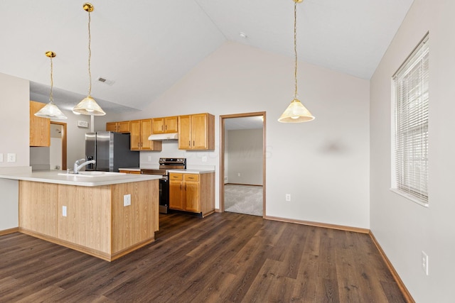 6858 Winrock Dr, New Albany, OH 43054 - kitchen with appliances with stainless steel finishes, dark wood-style flooring, a peninsula, under cabinet range hood, and high vaulted ceiling